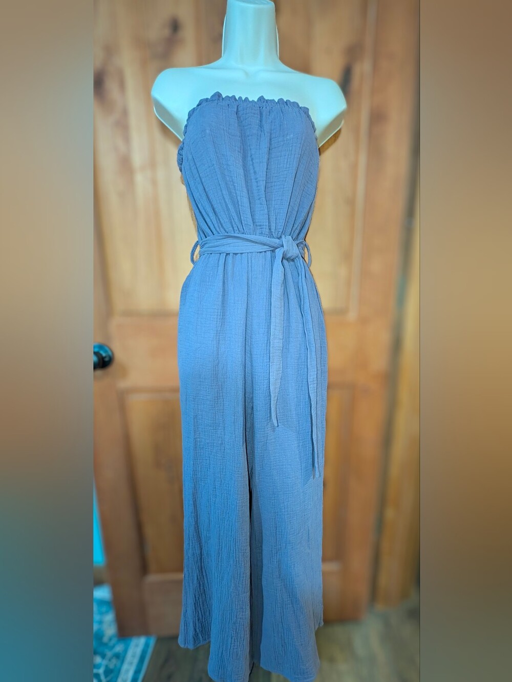 Coco + Carmen Dusty Purple Strapless Wide-Leg Jumpsuit with Tie Waist